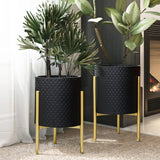 Two contemporary modern style planters with gold stands hold leafy green plants, strategically placed near a fireplace and curtain in a well-lit room. These durable iron planters add a touch of elegance to the space.