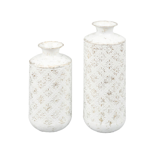 Set of 2 White Stamped Metal Bottle Vases