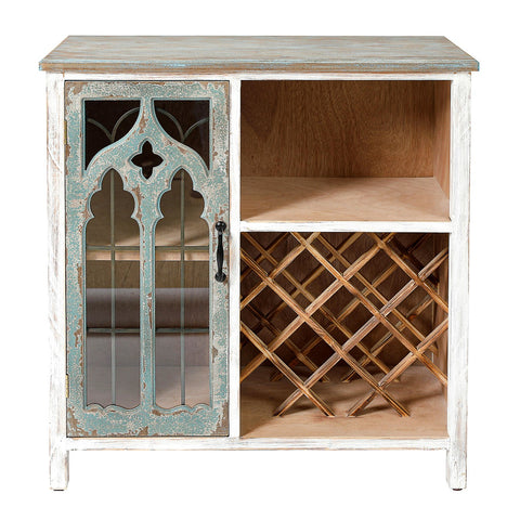 Distressed White and Gray Wood 1-Door Storage Wine Cabinet