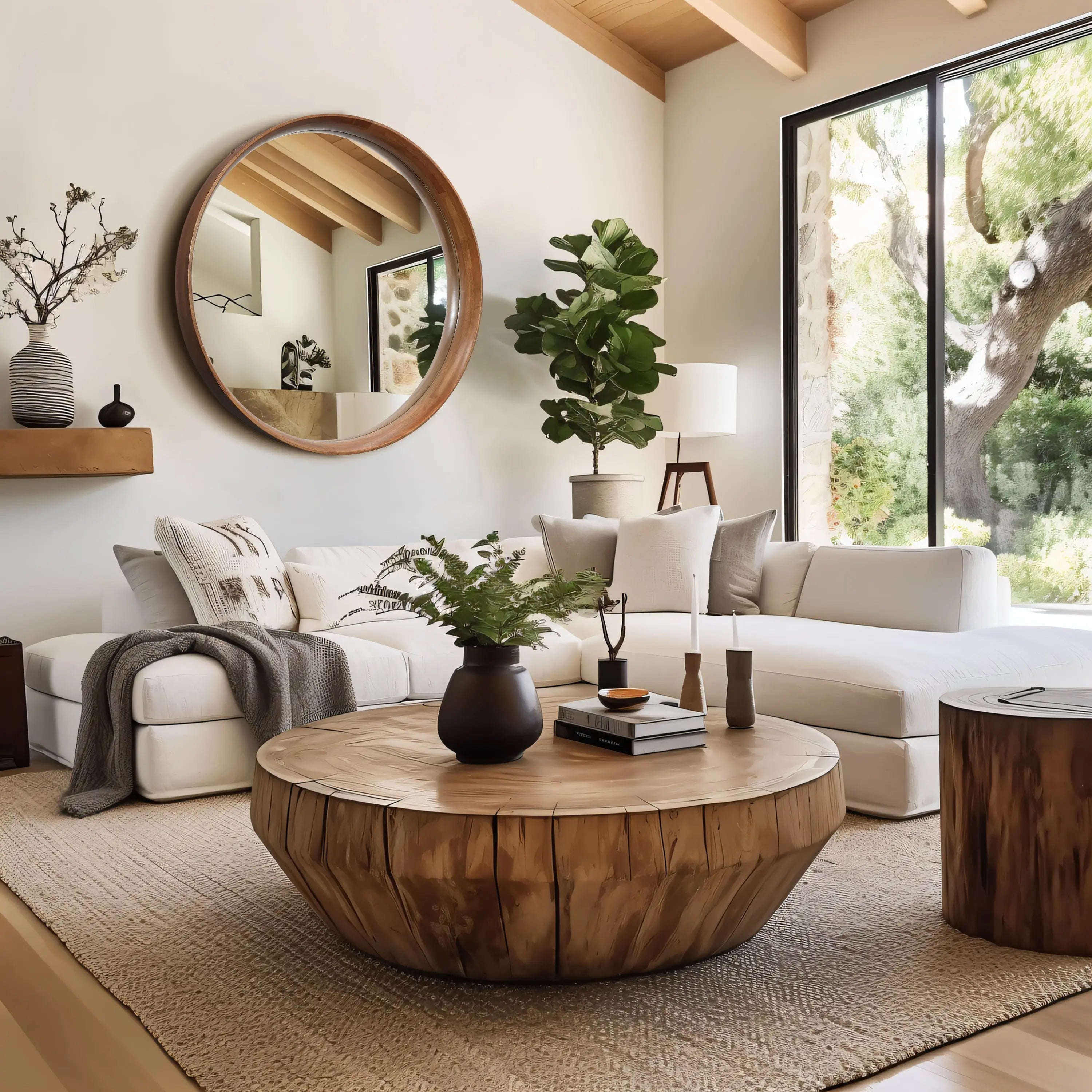 Stylish living room with a round wooden coffee table boasting a natural wood finish, white sofa, large mirror, indoor plant, and a window view of trees. Neutral tones and modern decor create a cozy atmosphere.
