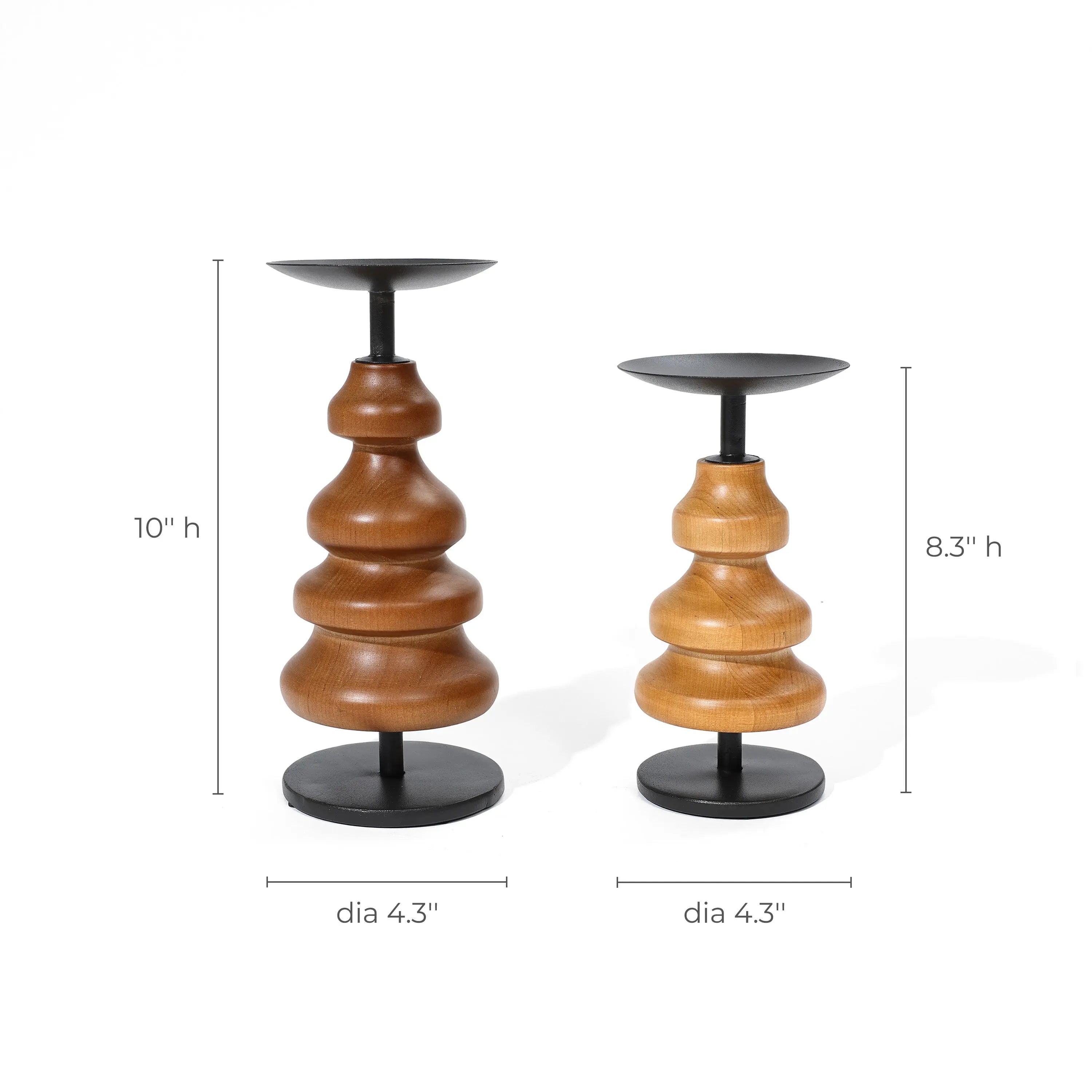 Two elegant candle holders crafted from birch wood, featuring black metal plates. The taller stands at 10, and the shorter at 8.3, both with a 4.3 diameter base, perfect for enhancing your home decor. Displayed against a plain white background, they exude simplicity and charm.