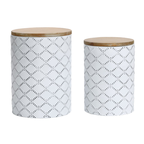 Wood top white metal end tables with storage, set of 2