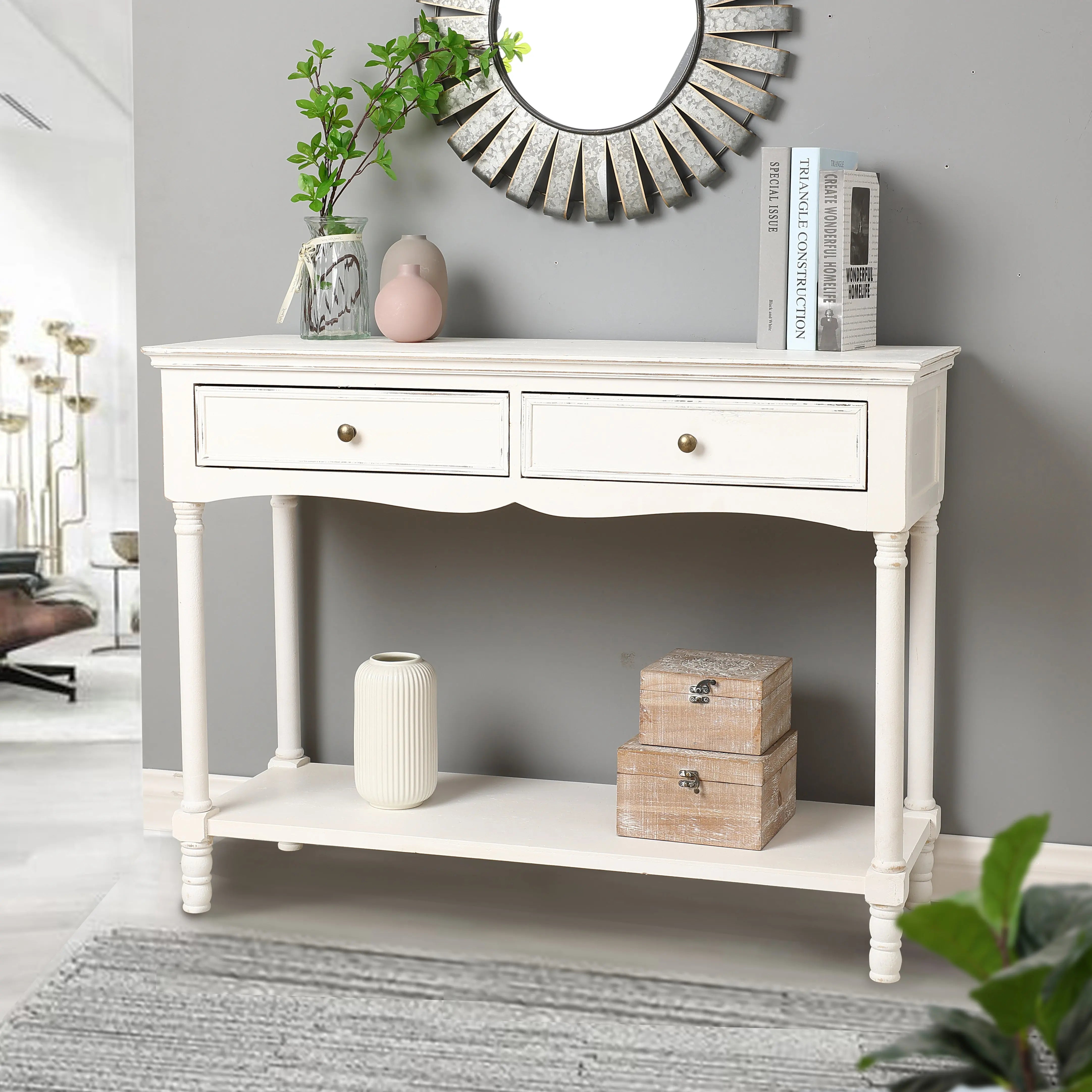 Distressed White Wood 2-Drawer 1-Shelf Console and Entry Table - LuxenHome