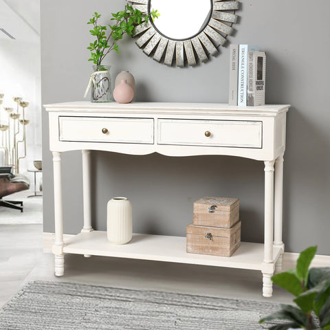 Distressed White Wood 2-Drawer 1-Shelf Console and Entry Table