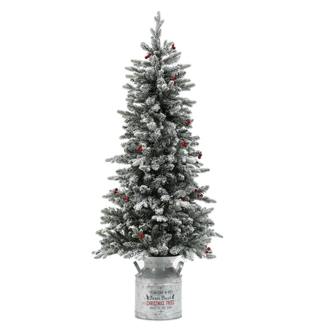 5ft Pre-Lit LED Artificial Flocked Slim Fir Christmas Tree with Metal Pot and Red Holly Berries