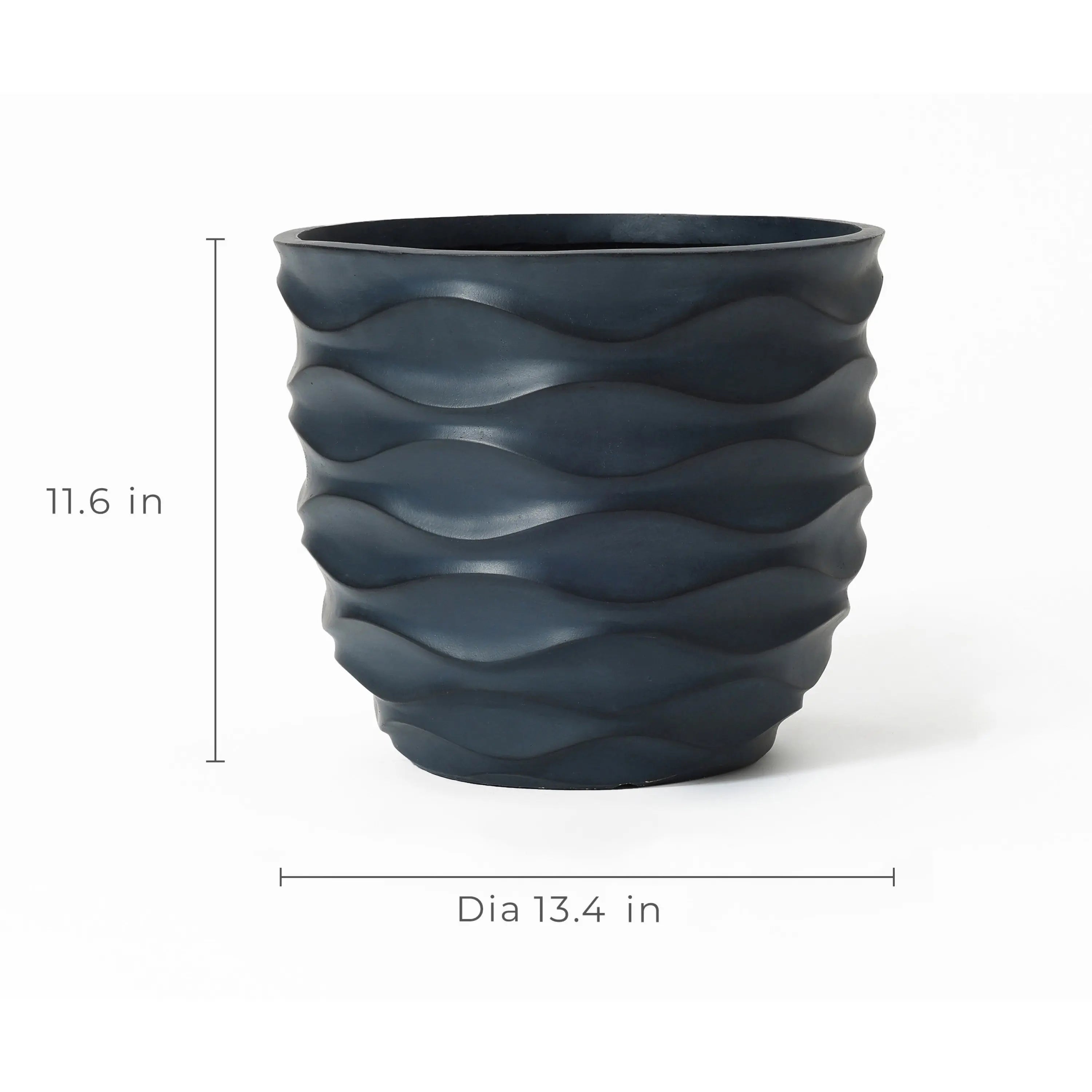 A dark wavy-textured pot planter, crafted from durable magnesium oxide, stands 11.6 inches tall with a diameter of 13.4 inches against a plain background.
