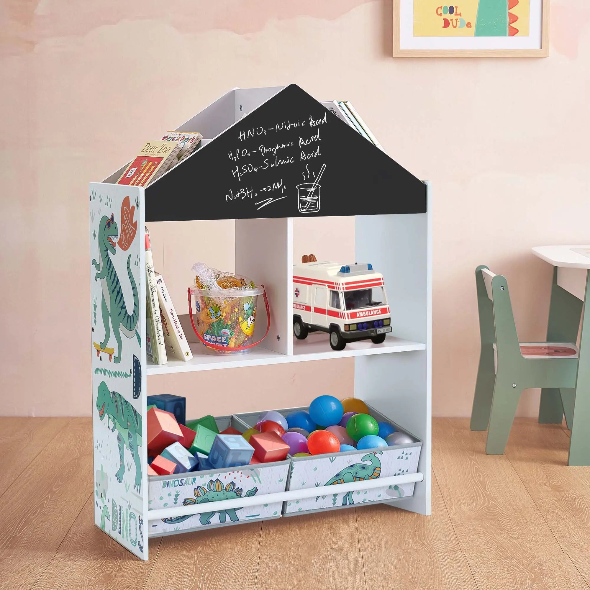 house-shaped-bookcase-with-a-chalkboard-roof-filled-with-books-toys-and-balls 