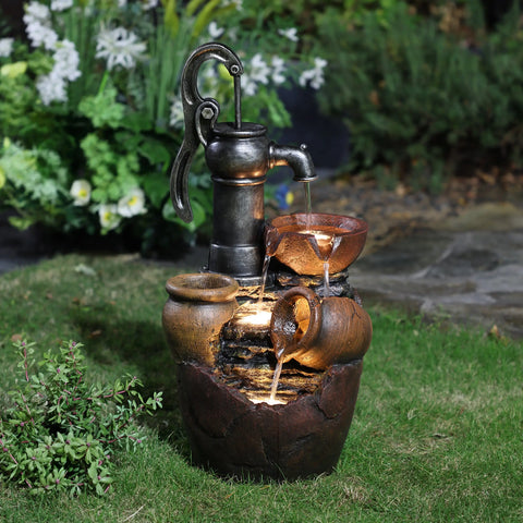 Farmhouse Pump and Pots Resin Outdoor Fountain with LED Lights