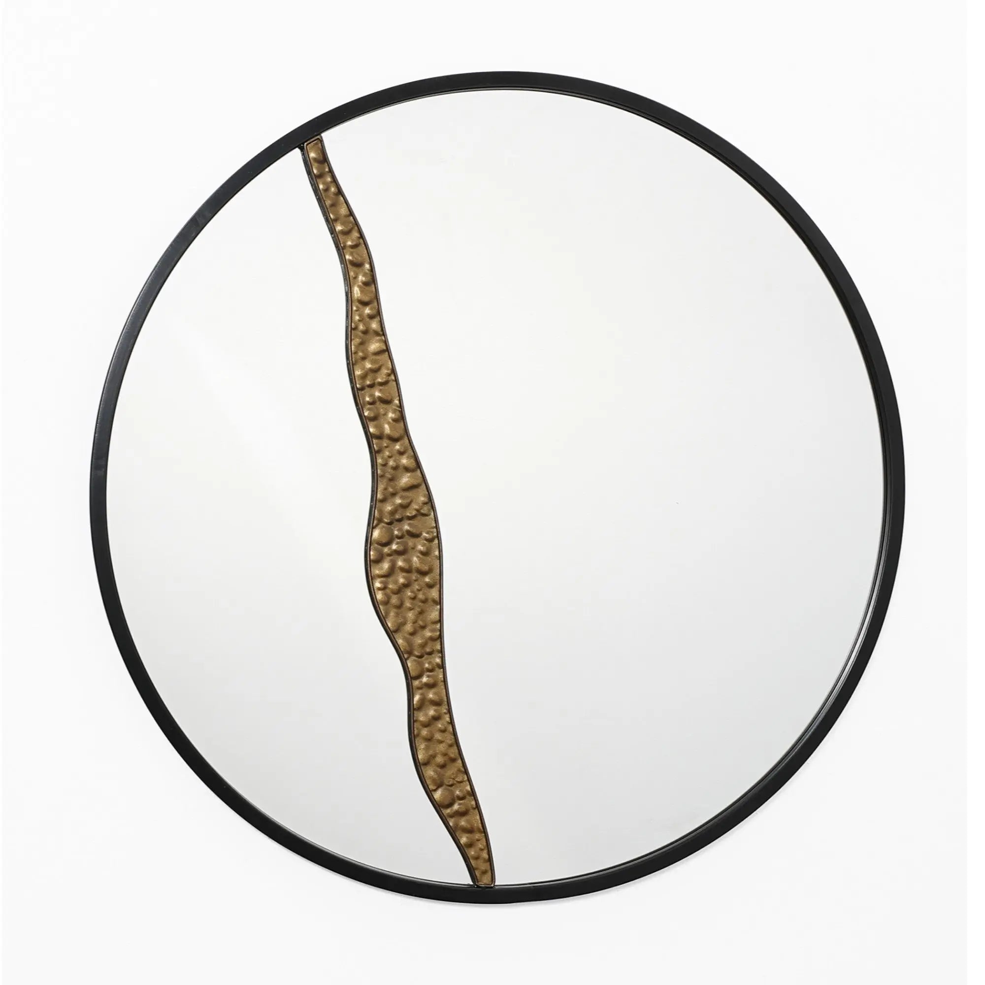 A round wall mirror with a black frame and an artistic design, featuring a wavy bronze accent that divides the surface vertically, perfect for modern decoration.
