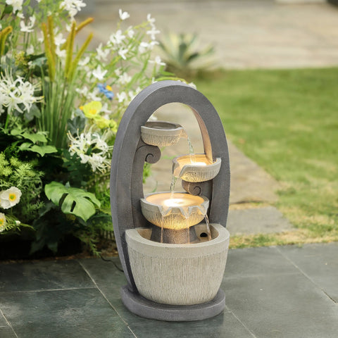 Gray Oval Cascading Bowls Resin Outdoor Fountain with LED Lights