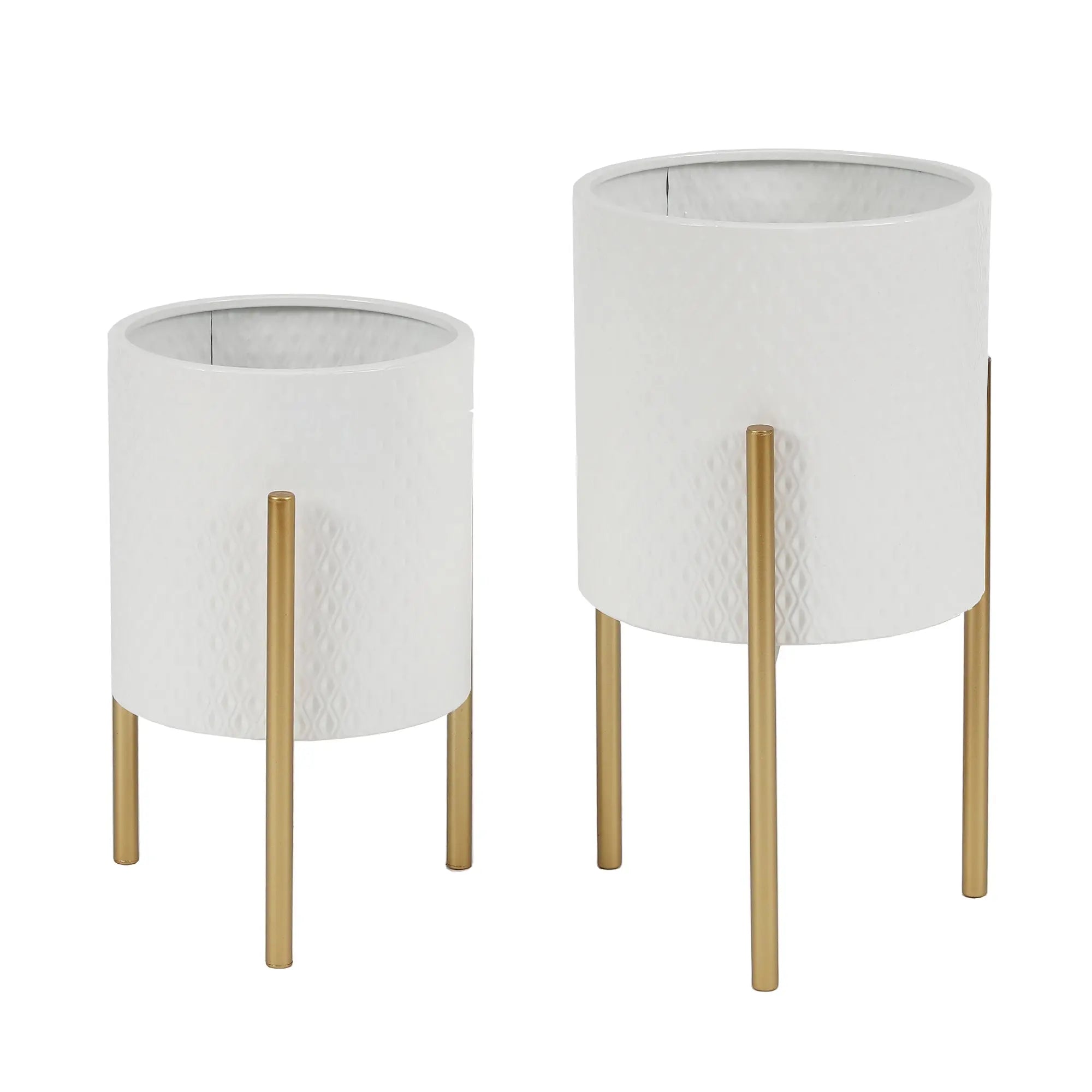 LuxenHome presents a contemporary set of two white metal indoor planters, each with a textured surface and elevated on three gold legs. The set includes one larger planter for a striking modern display when placed together.