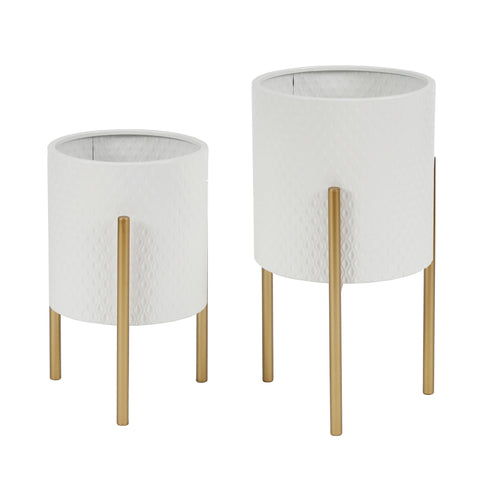 White Metal Cachepot Planters Set with Gold Stands
