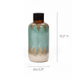 Ceramic bottle with a coastal-inspired zigzag pattern in teal and beige, black cap; dimensions labeled as 12.2 inches high and 5.31 inches in diameter.