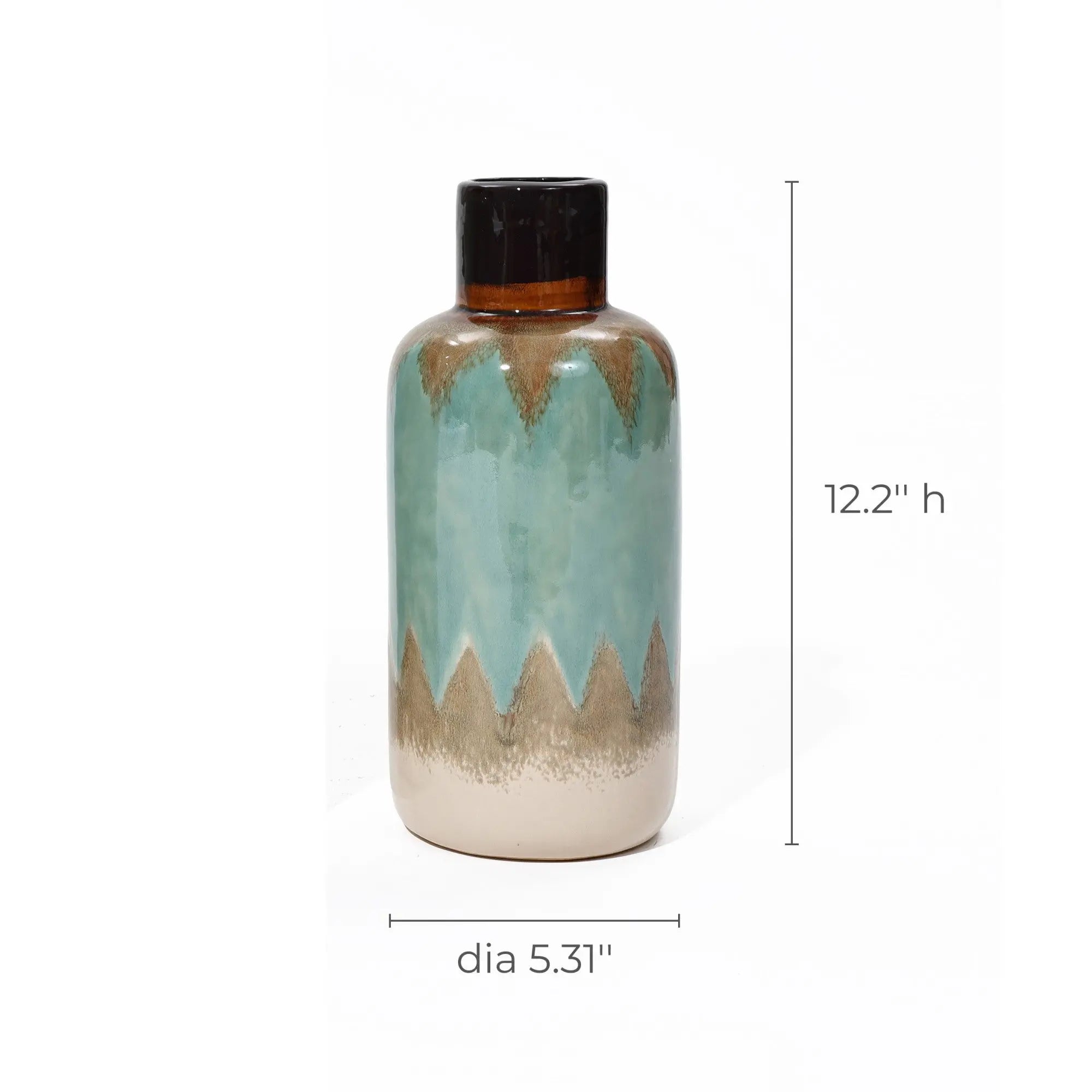 Ceramic bottle with a coastal-inspired zigzag pattern in teal and beige, black cap; dimensions labeled as 12.2 inches high and 5.31 inches in diameter.