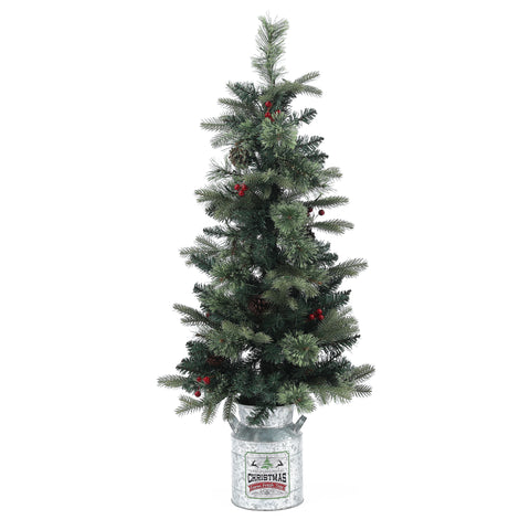 4Ft Pre-Lit LED Artificial Pine Christmas Tree with Pine Cones, Berries, and Metal Pot