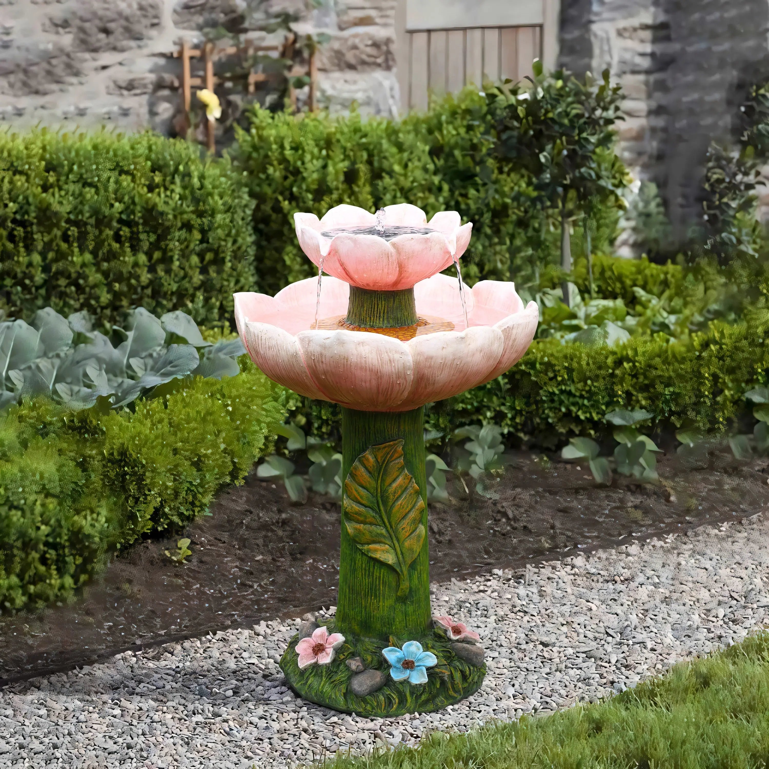 Decorative-Pink-flower-two-tier-birdbath-perfect-for-any-outdoor-scenery