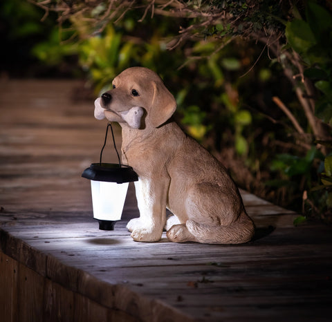 Farmstead garden statue, puppy, w/ solar light