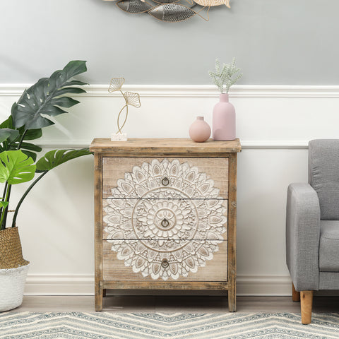 Natural Wood White Floral 3-Drawer Accent Chest