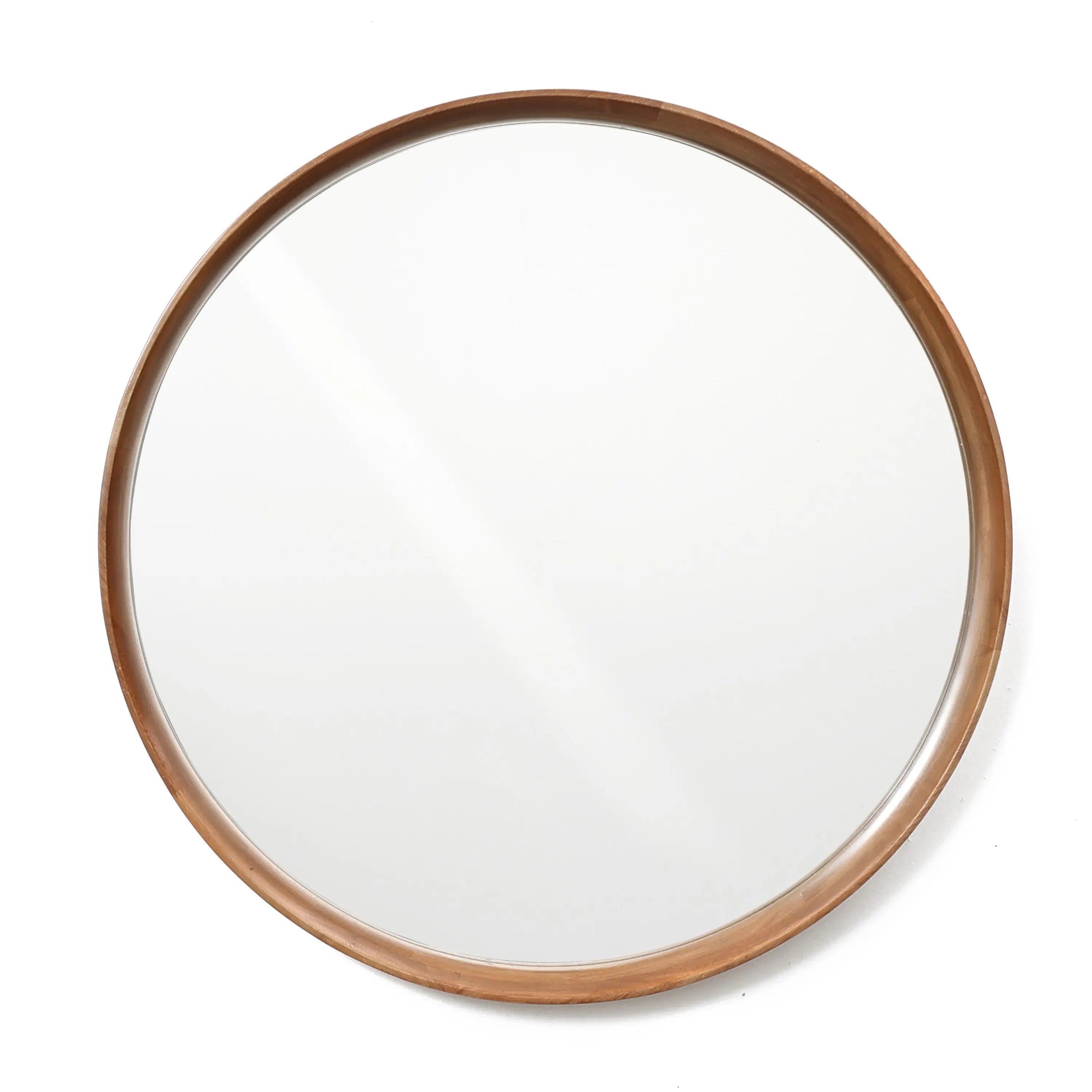 This wooden round wall mirror features a natural wood finish, bringing a touch of elegance to any room.