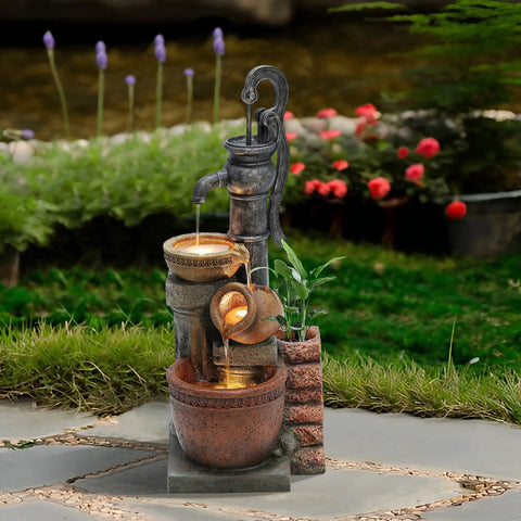 32.3" H Farmhouse Well Water Pump and Pots Resin Fountain with LED Lights