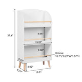 dimensions-of-the-Mid-Century-Modern-Bookcase-It-is-a-tall-narrow-bookcase-with-a-curved-top-and-two-shelves-with-wooden-dowels 