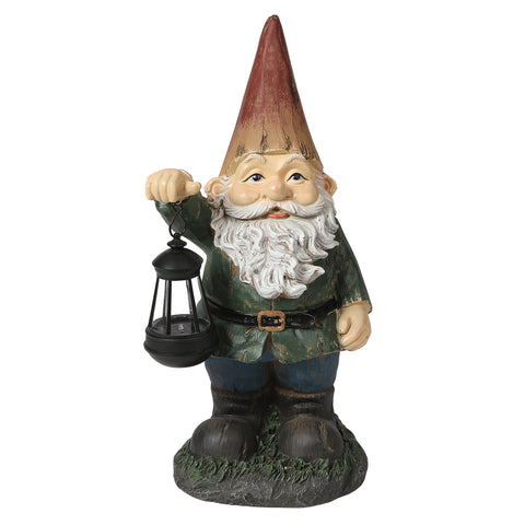 Gnome garden statue, w/ solar-powered lantern