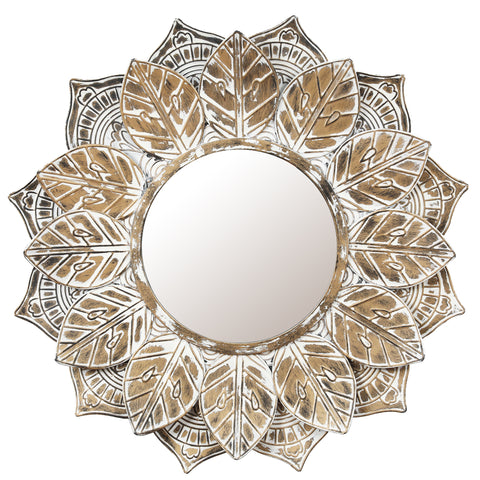 Distressed Brown and White Leaf Wreath Metal Frame Wall Mirror