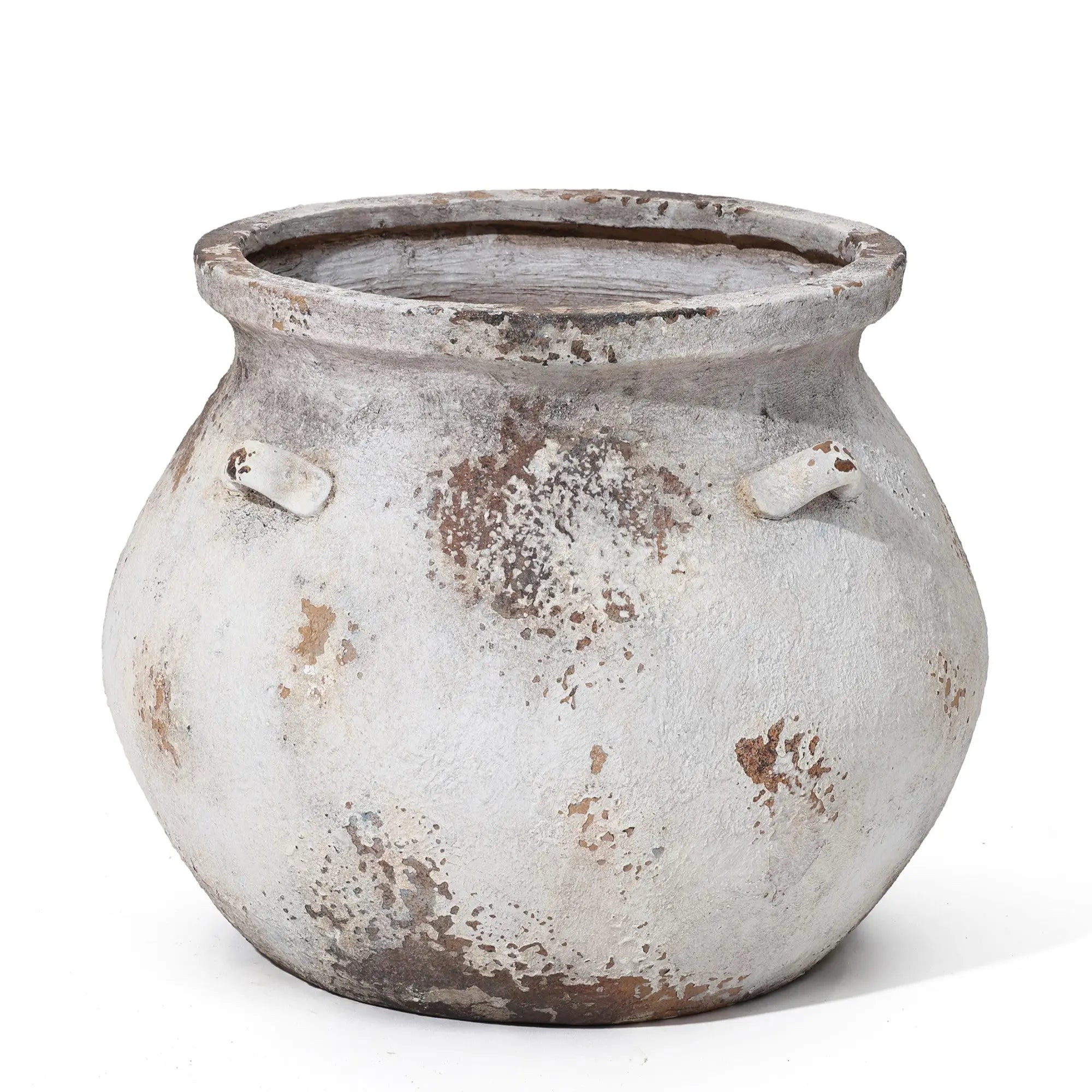 The LuxenHome Antique Cauldron Planter is a rustic clay pot with a wide mouth and side handles, featuring a textured surface in brown and gray. Its weathered look evokes vintage charm, reminiscent of planter designs from bygone eras.