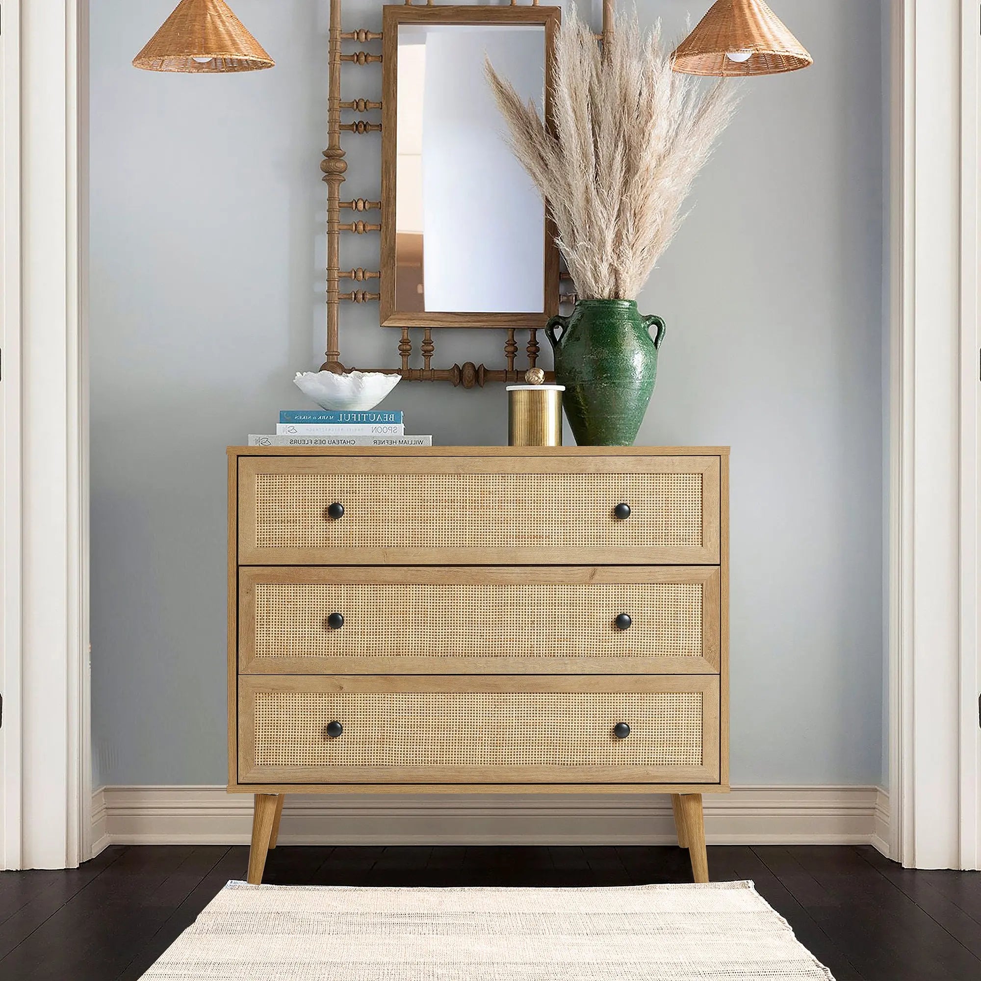 mid-century-modern-charm-with-light-oak-color-woven-drawer-panels 