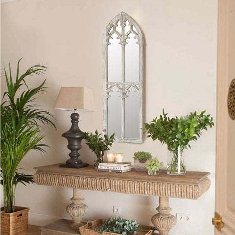Distressed White Wood Cathedral Framed Wall Mirror