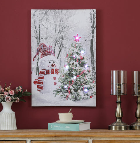 Holiday Snowman Christmas Tree Lighted Canvas Print