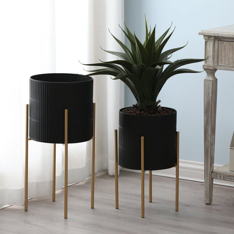 Set of 2 Black Metal Cachepot Planters with Metal Stands
