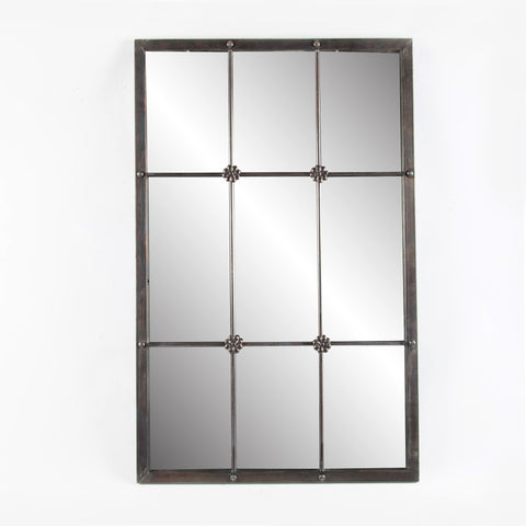 Rustic Brown Metal Frame Windowpane Accent Wall Mirror