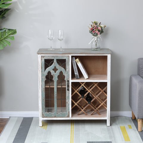 Distressed White and Gray Wood 1-Door Storage Wine Cabinet