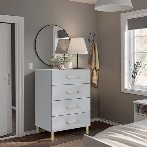 Grey 4-drawer chest, tapered glass surface