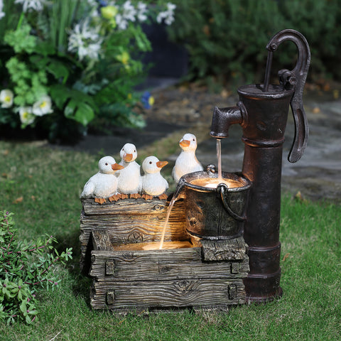 Farmhouse Crate and Baby Ducks Resin Outdoor Fountain with LED Lights