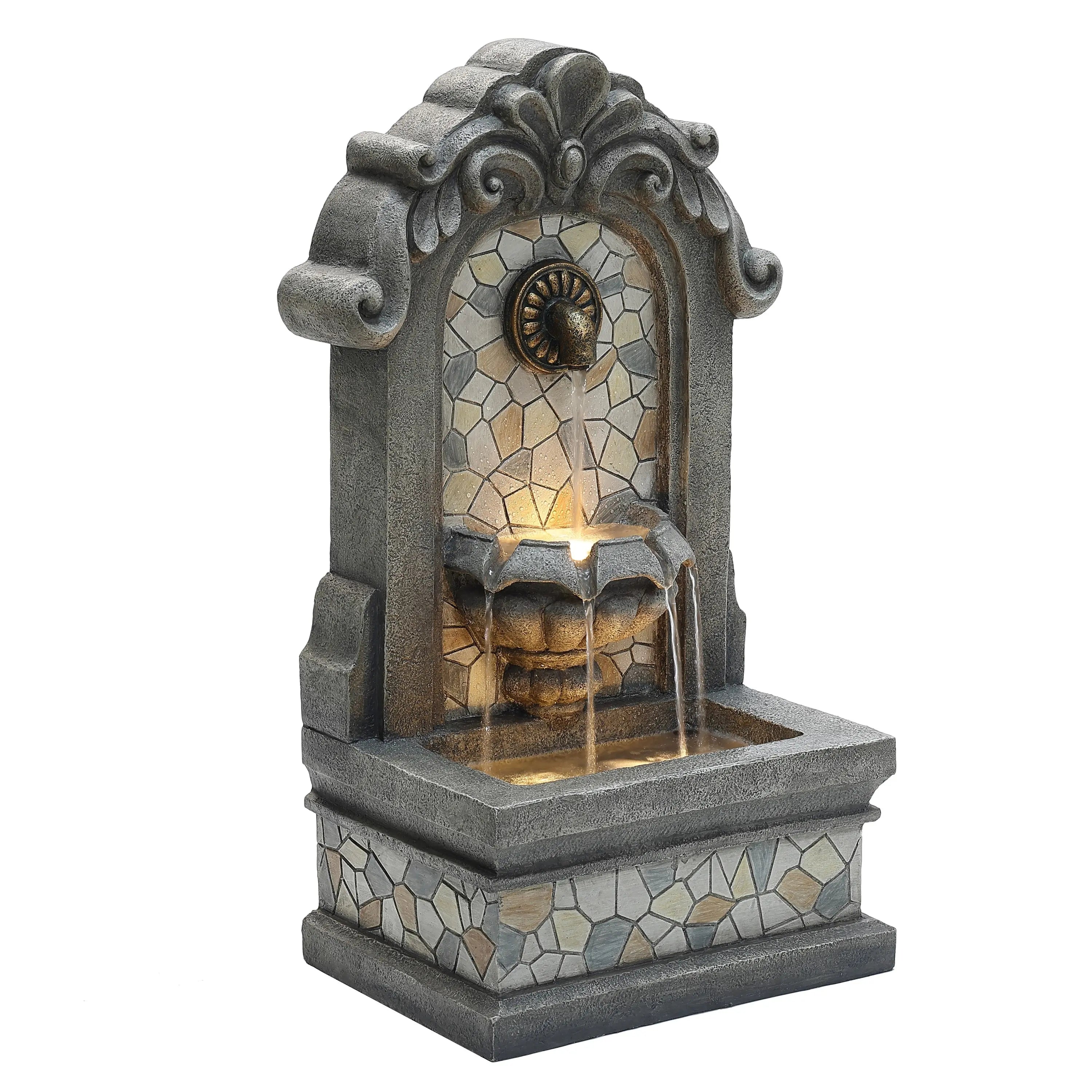 colorful-mosaic-pattern-on-classic-wall-freestanding-fountain-with-lights 