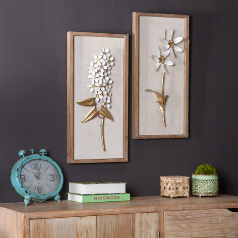 Set of 2 White and Gold Flower Bouquet Wall Decor