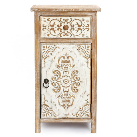 Floral Carved Wood 1-Door 1-Drawer End Table with Storage