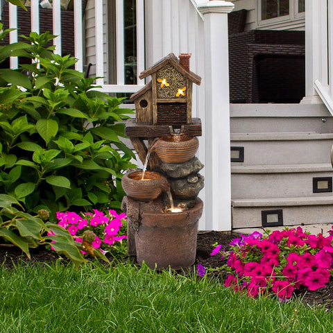 29.1" H Bowls and Birdhouse Resin Outdoor Fountain with LED Lights