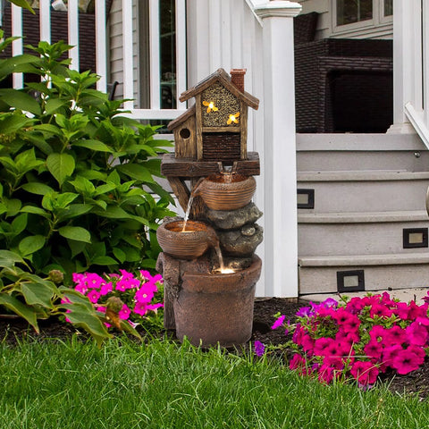 Bowls and Birdhouse Resin Outdoor Fountain with LED Lights