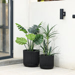 Two large black planters, made from durable magnesium oxide material, house green leafy plants. Theyre positioned against a white wall near a glass door and an outdoor light fixture.