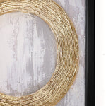 Close-up of a textured, gold metal design in a circular pattern on a gray and white abstract background, elegantly framed in black. Perfect for enhancing your home decor with sophisticated wall decor.