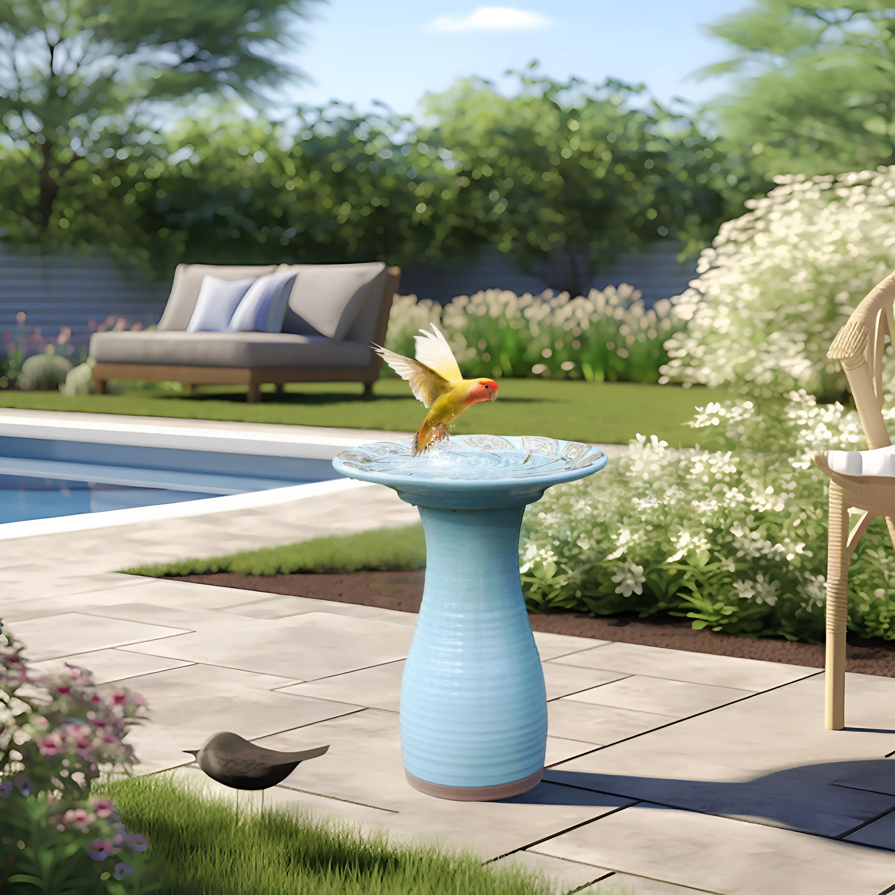 a yellow bird bathing and drinking water in a blue bird bath by the pool