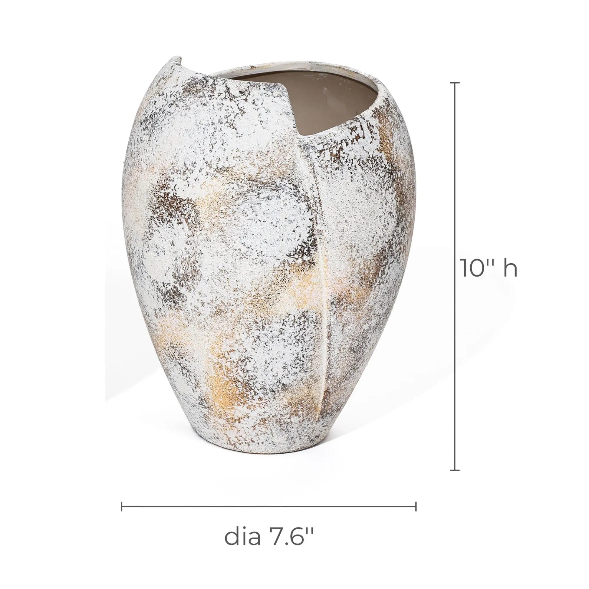 Ceramic vase with an asymmetrical opening, 10 inches tall and 7.6 inches in diameter, featuring a textured white and brown surface that evokes a broken egg design.