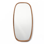 The LuxenHome Jean wood frame rounded rectangle wall mirror is mounted on a white wall. Its minimalist feel and simple, elegant design infuse a contemporary style into the decor.