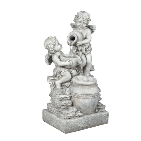 Gray Resin Cherub Angels Outdoor Fountain with LED Light