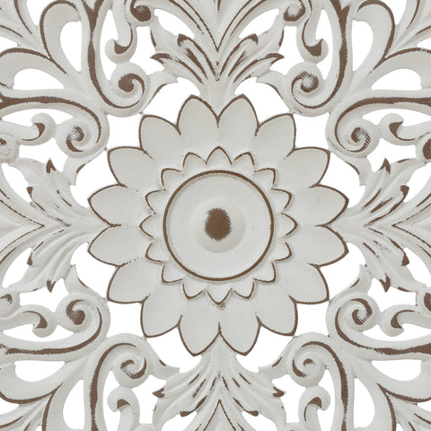 Distressed White Wood Flower Mandala 31.5" Round Wall Decor