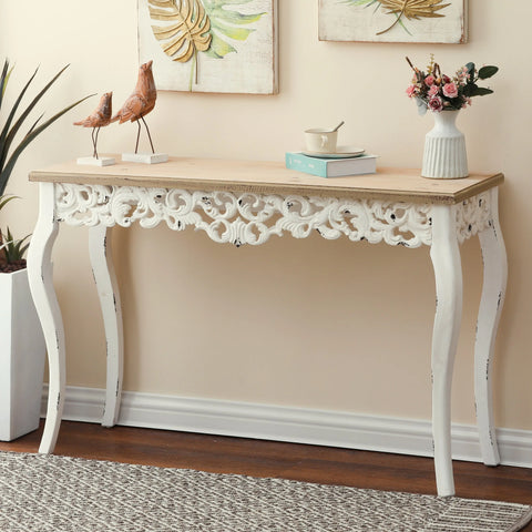 Victorian Off White and Natural Wood Console and Entry Table