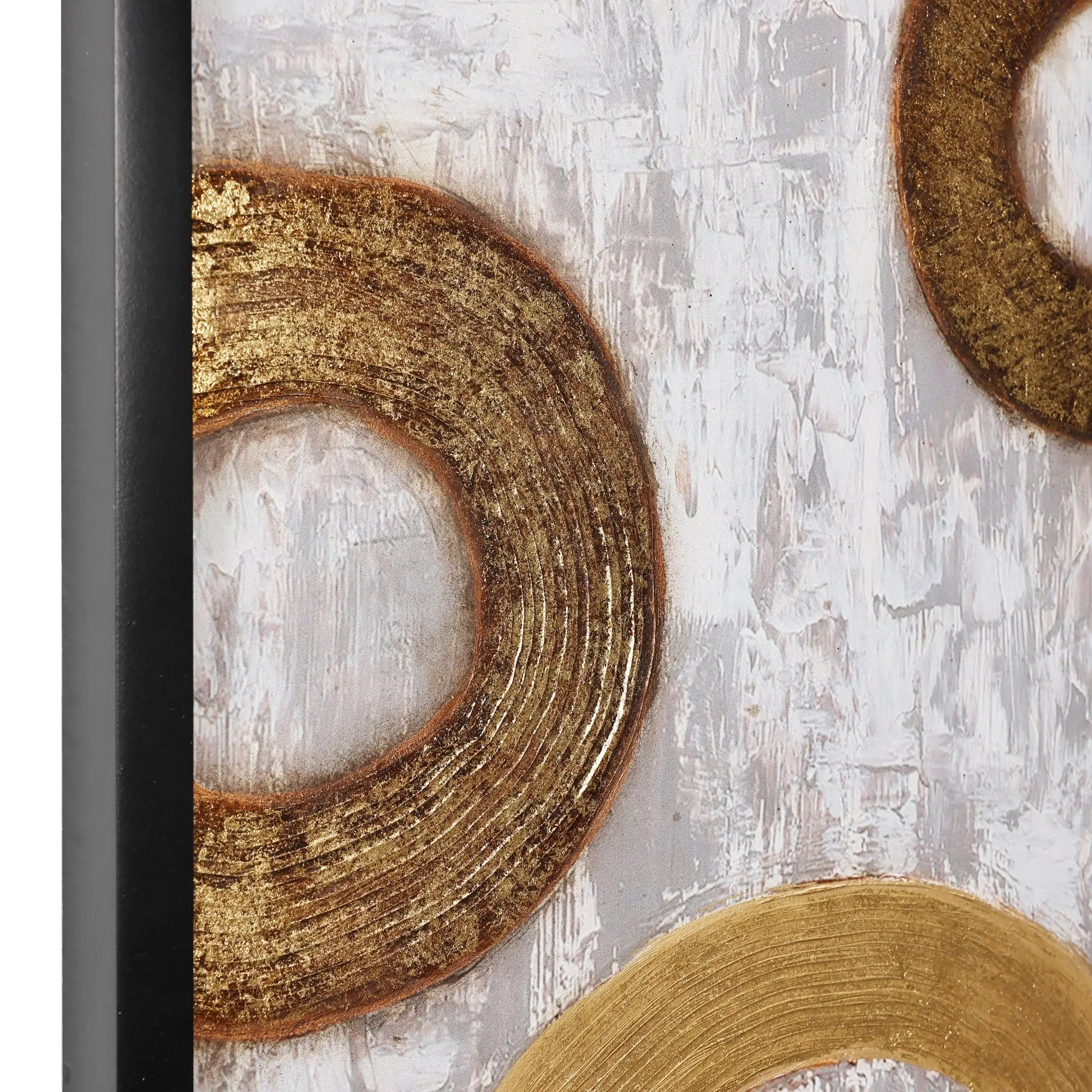 Close-up of a textured abstract painting featuring a gold metal design with circular patterns on a white and gray background, perfect as wall decor. A sleek black frame edge is visible on the left, enhancing its elegance for any home decor setting.